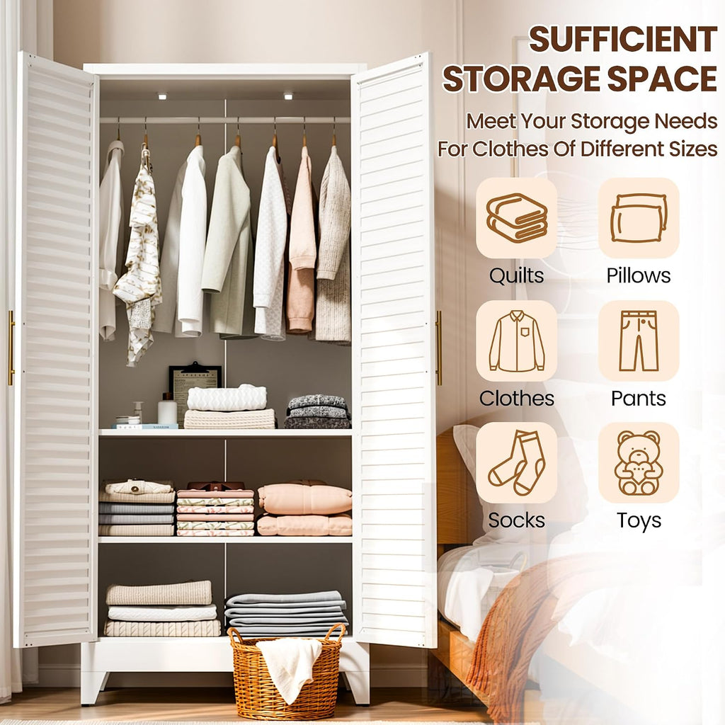 Metal Armoire Wardrobe Closet, 71" Clothing Storage Cabinets with Adjustable Hanging Rod, Louvered Doors, 2 Side