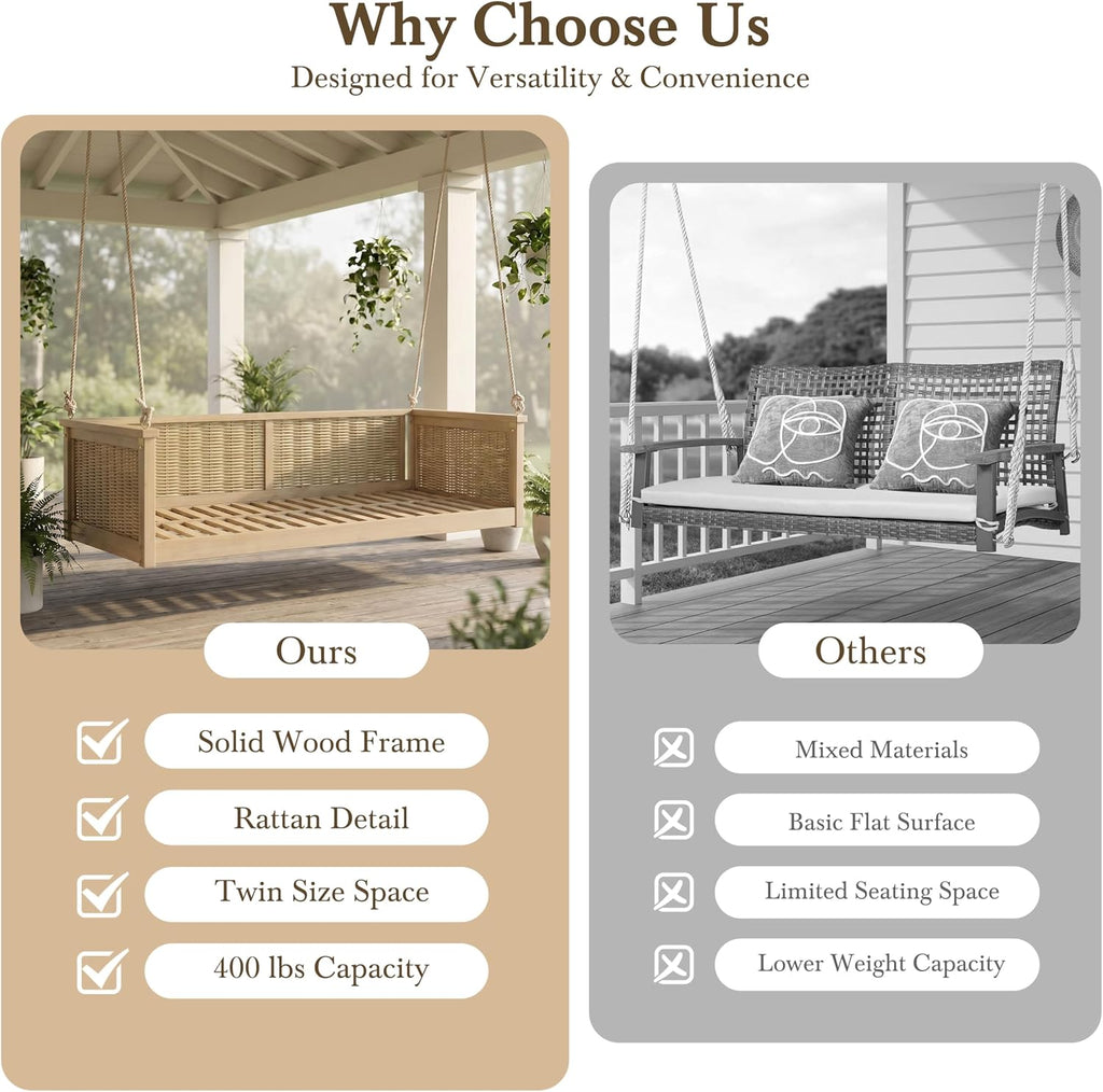 Twin Size Outdoor Porch Swing Bed, Solid Wood Rattan Swing Daybed Frame with Long Ropes , Poolside, Backyard, Light