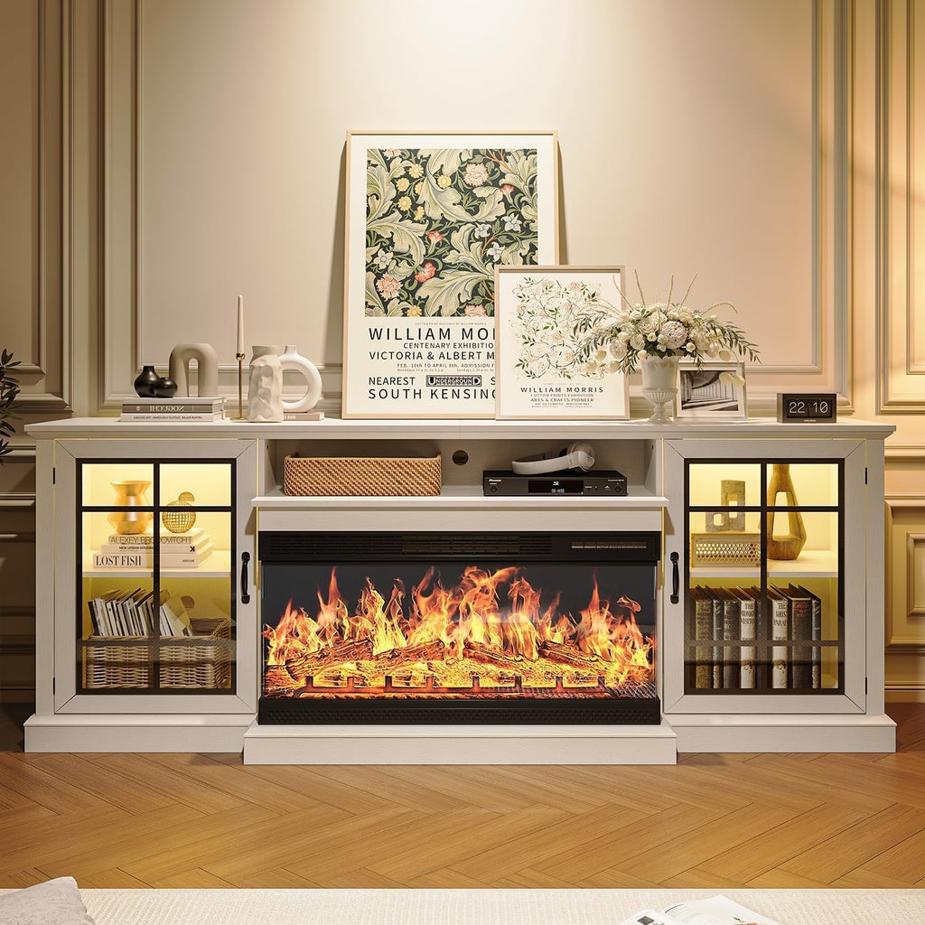 80'' Fireplace TV Stand, Farmhouse Entertainment Center with 3 Sided Glass TV Stand, Modern Media Console Table with Storage Drawers & Cabinets with LED Flame and Lights for Living Room, White