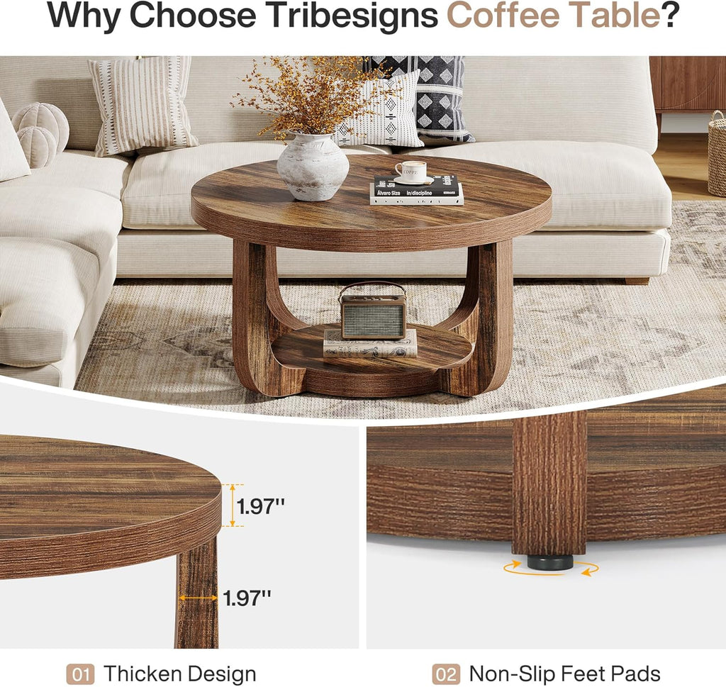 Round Coffee Table, 2-Tier Circle Coffee Table with Storage, Modern Wooden Accent Center Table, Thick Tabletop & Base