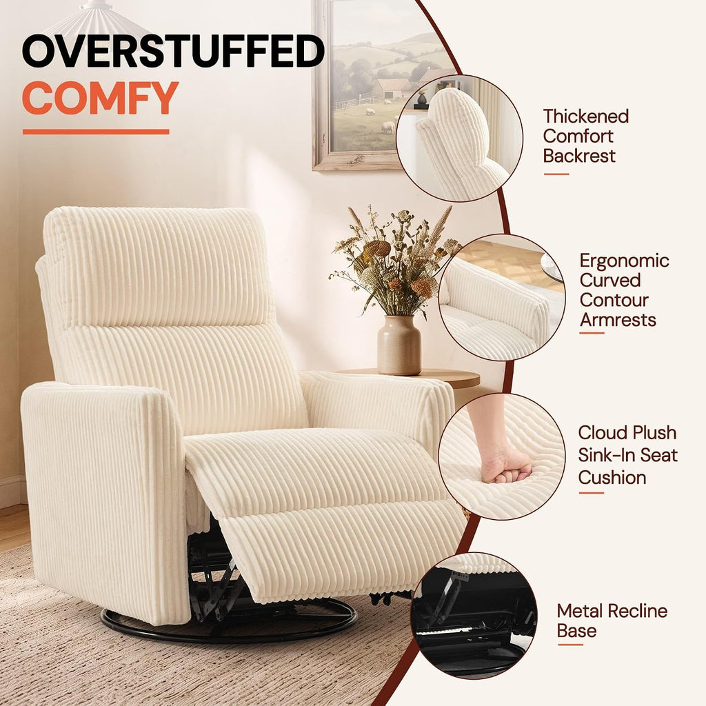 360° Swivel Glider Rocker Manual Recliner, High Back Reclining Chair with Curved Armrests, Beige Corduroy Upholstered