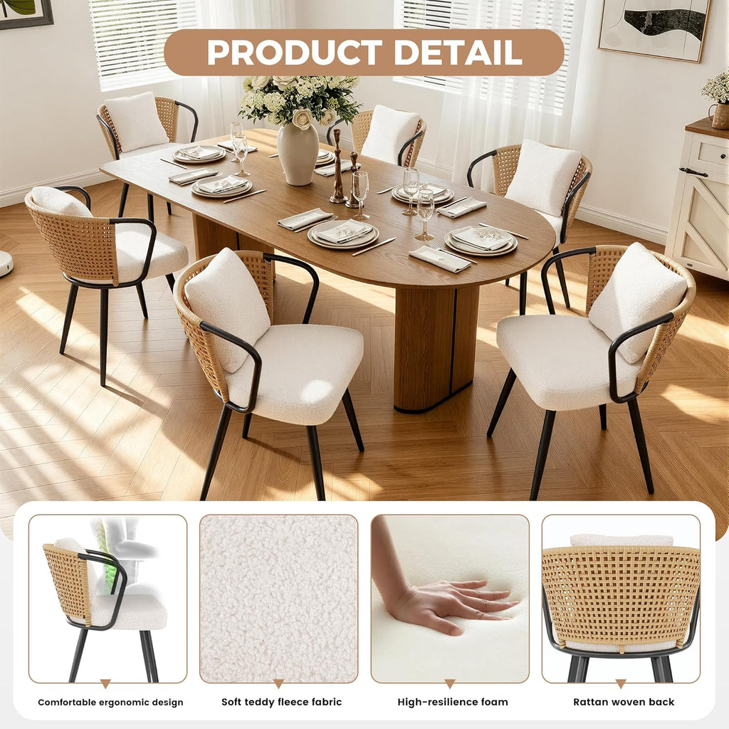 Rattan Dining Chairs Set of 4, Modern Upholstered Kitchen Chair with Metal Legs, Ergonomic Curved Backrest, Mid