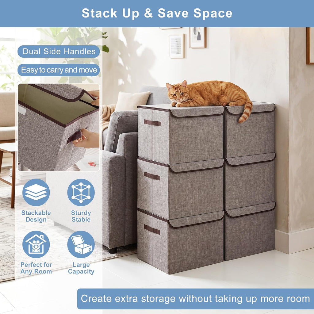 Large 42 Quarts Fabric Storage Bins with Lids [2-Pack] Linen Collapsible Foldable Storage Cubes, Closet Organizer
