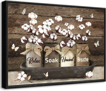 Framed Farmhouse Bathroom Wall Art Rustic Cotton Flower Bathroom Pictures Wall Decor Vintage Relax Soak Unwind