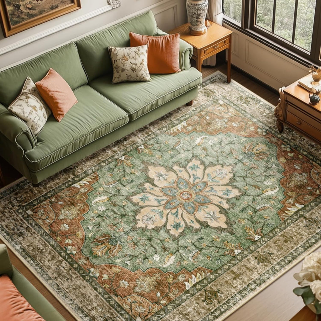8x10 Washable Vintage Floral Medallion Area Rug, Non-Slip Carpet for Living Room Bedroom Dining Room
