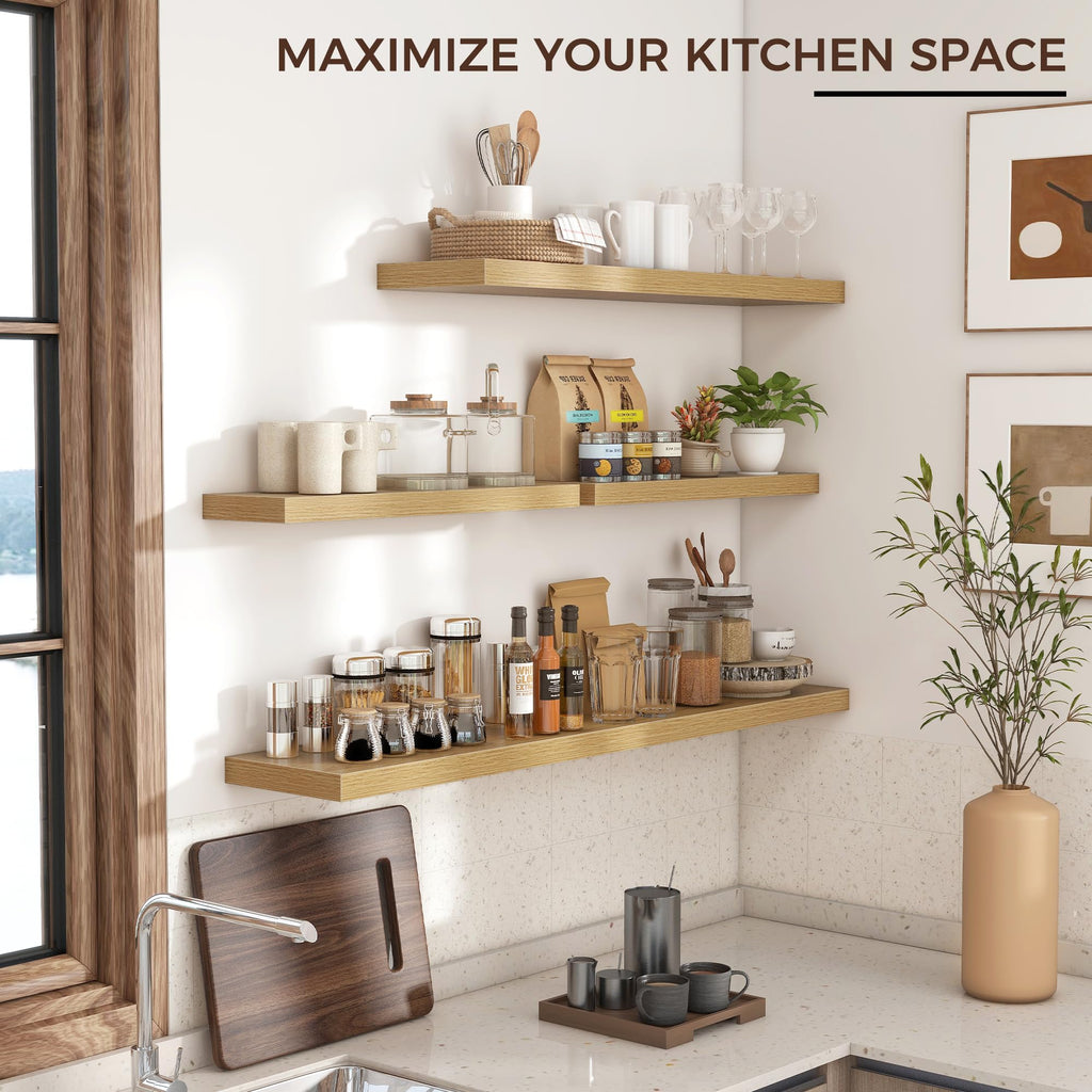 48" Wide x 9" Deep Floating Shelves for Wall, Oak Finish, 2-Pack