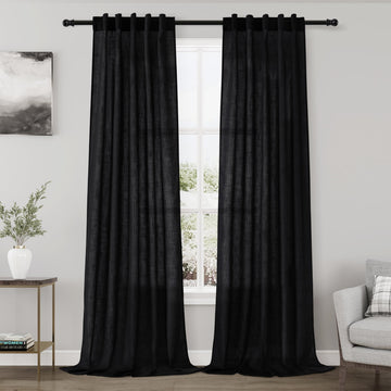 Black Semi Sheer Linen Curtains 84 inch Length Back Tab Rod Pocket Modern Farmhouse Coastal Decor Black Cotton