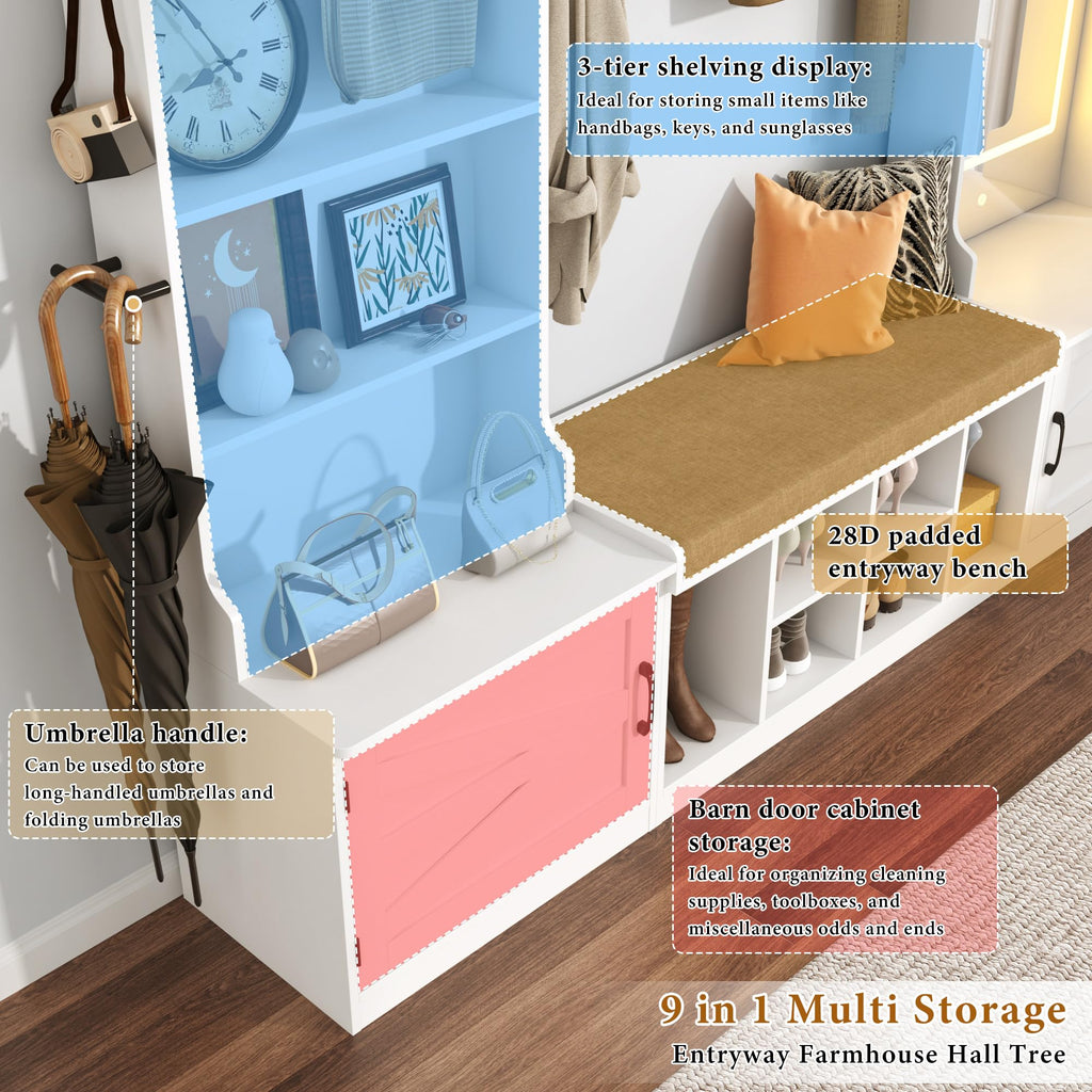 86.6''W Extra Large Farmhouse Hall Tree with Mirror Bench and Shoe Storage, Entryway Bench with Coat Rack, 6 Shoe