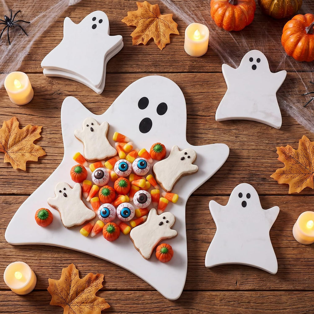 Halloween Ghost Marble Cheese Board with 4 Ghost Coasters Set Charcuterie Cutting Tray Halloween Marble Serving