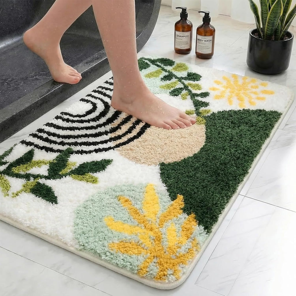 Boho Abstract Gold Plant Bathroom Rug Set 2 Piece Fluffy Microfiber Non-Slip Water Absorbent Bath Mat Soft Washable