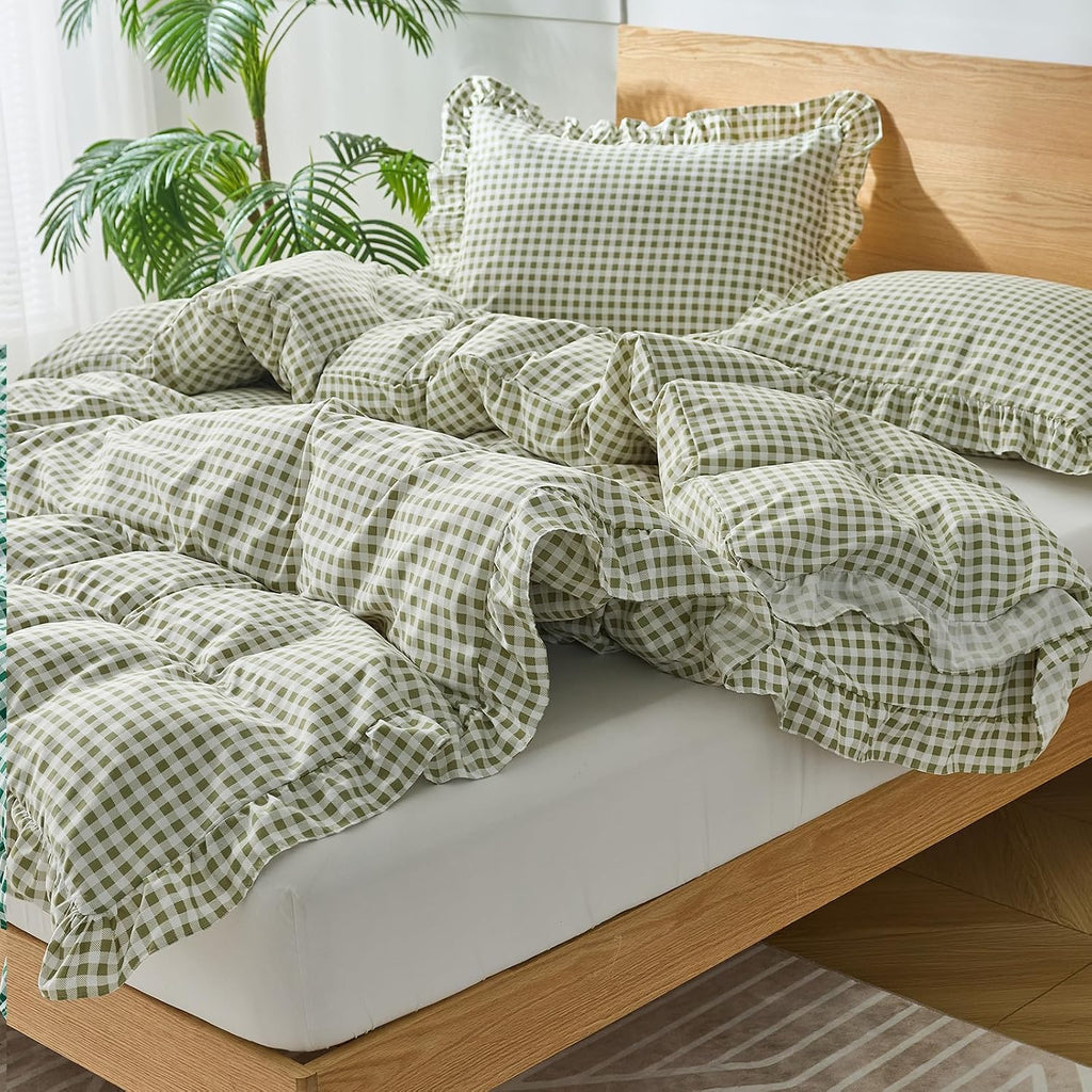 Gingham Duvet Cover, 3 Pieces Soft Breathable Microfiber Plaid Duvet Cover with Zipper Closure & 2 Pillow