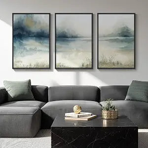 Large Framed Blue Nature Landscape Wall Art, 3 Piece 24x36 - Set of 3