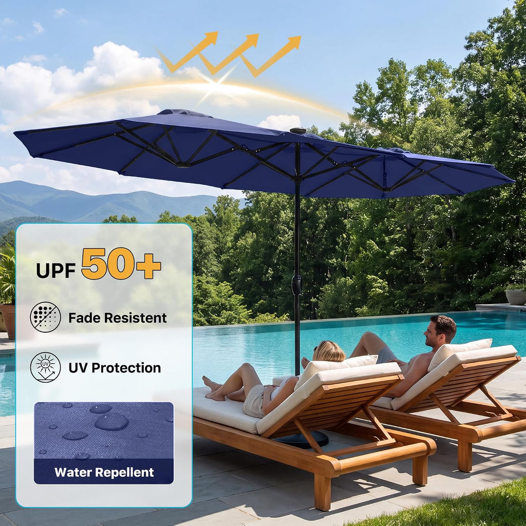 13ft Patio Umbrella Double Sided Outdoor Umbrella Table Umbrella with Solar lights Pool (Navy)
