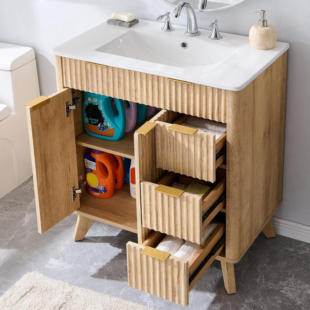 30" Fluted Bathroom Vanity with Ceramic Sink Combo, Freestanding Modern Bathroom Storage Vanity Cabinet with 2 Soft Closing Doors & 3 Drawers, Wood Grain Texture, Metal Handle, Natural Oak