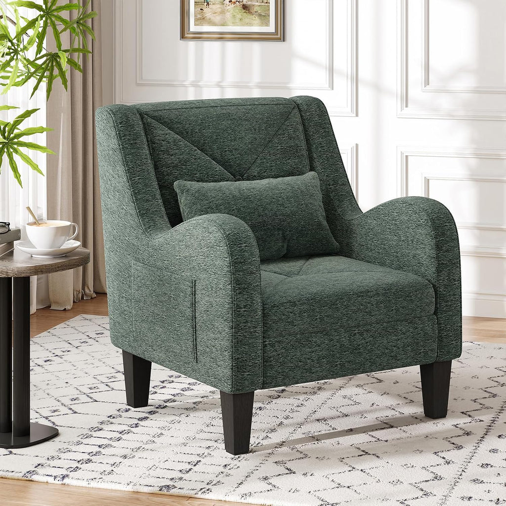 Chenille Accent Chair Bedroom Chair Comfy Reading Chair Upholstered Arm Chair, Single Sofa Chair with Lumbar Pillow
