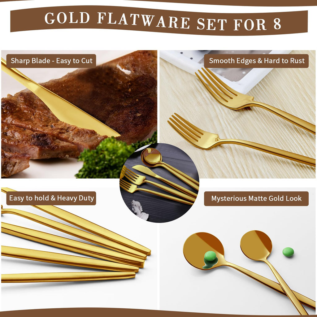 Gold Silverware Set for 8, Stainless Steel Flatware Set