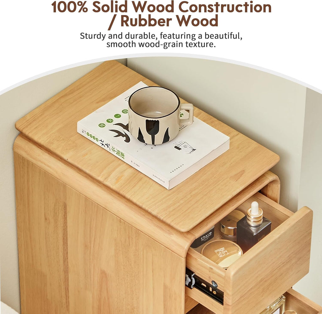 Solid Wood Nightstand, Fully Assembled Narrow Bedside Table with 3 Drawers & Hidden Handles, Mid-Century Modern End