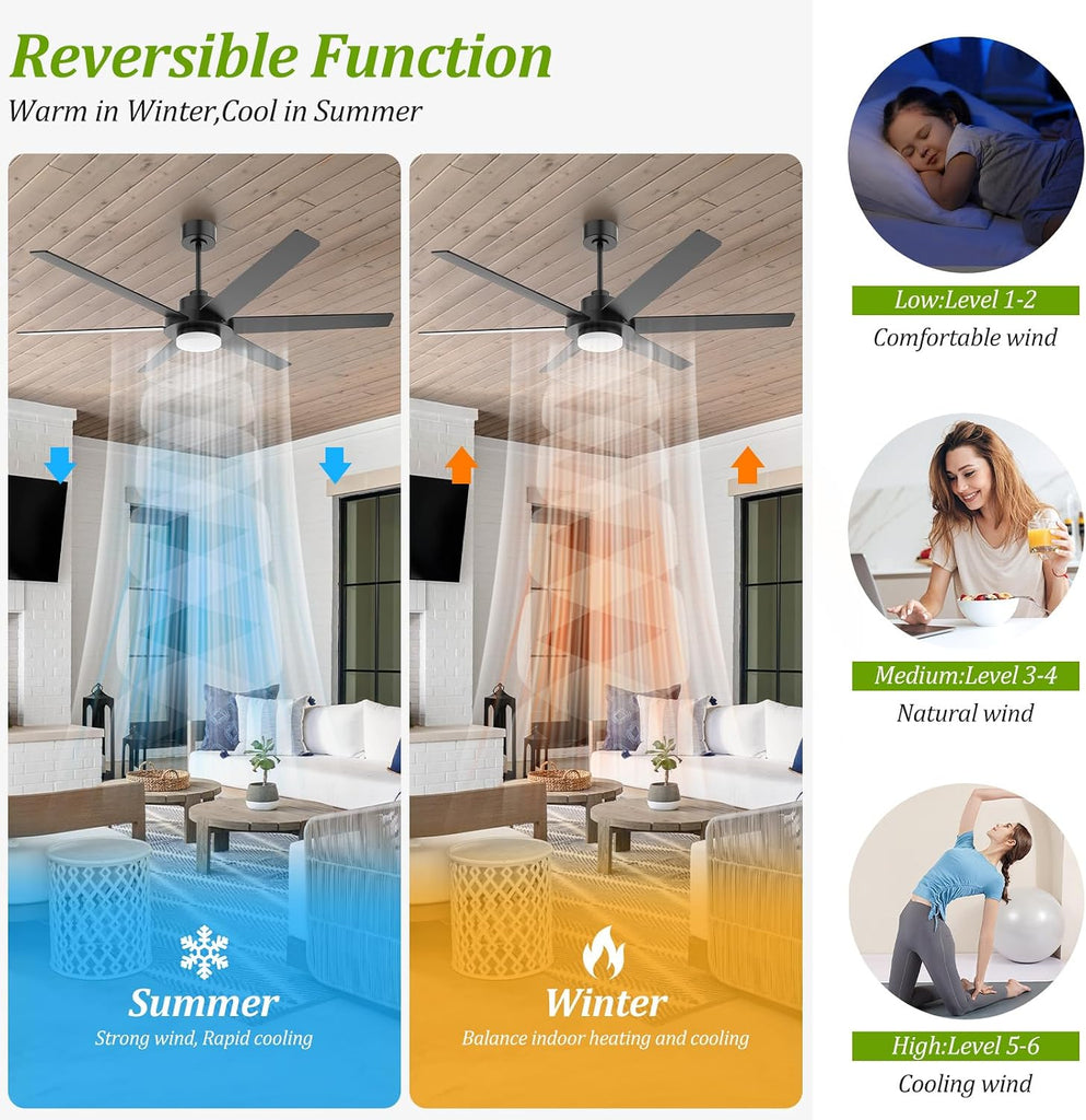 64 inch Ceiling Fans with Lights and Remote&APP,Industrial Ceiling Fan Reversible Quiet DC Motor, 6 Speed 3 CCT Dimiable, Modern Large Ceiling Fan for Living Room Farmhouse Patios Outdoor Gazebo Black