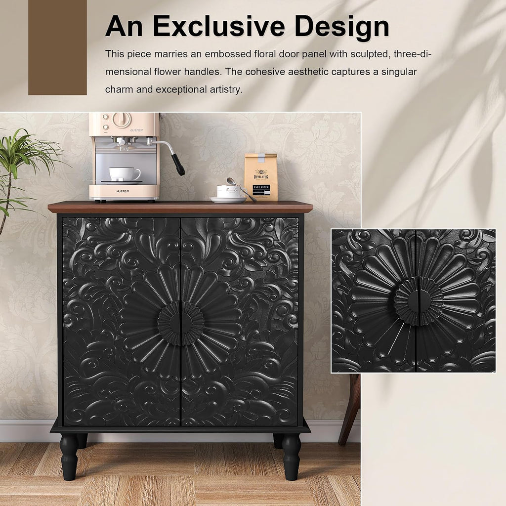 Black Sideboard Buffet Cabinet with 2 Embossed Flowers Doors | Rustic Wood Accent Storage Cabinet, Decorative Cabinet