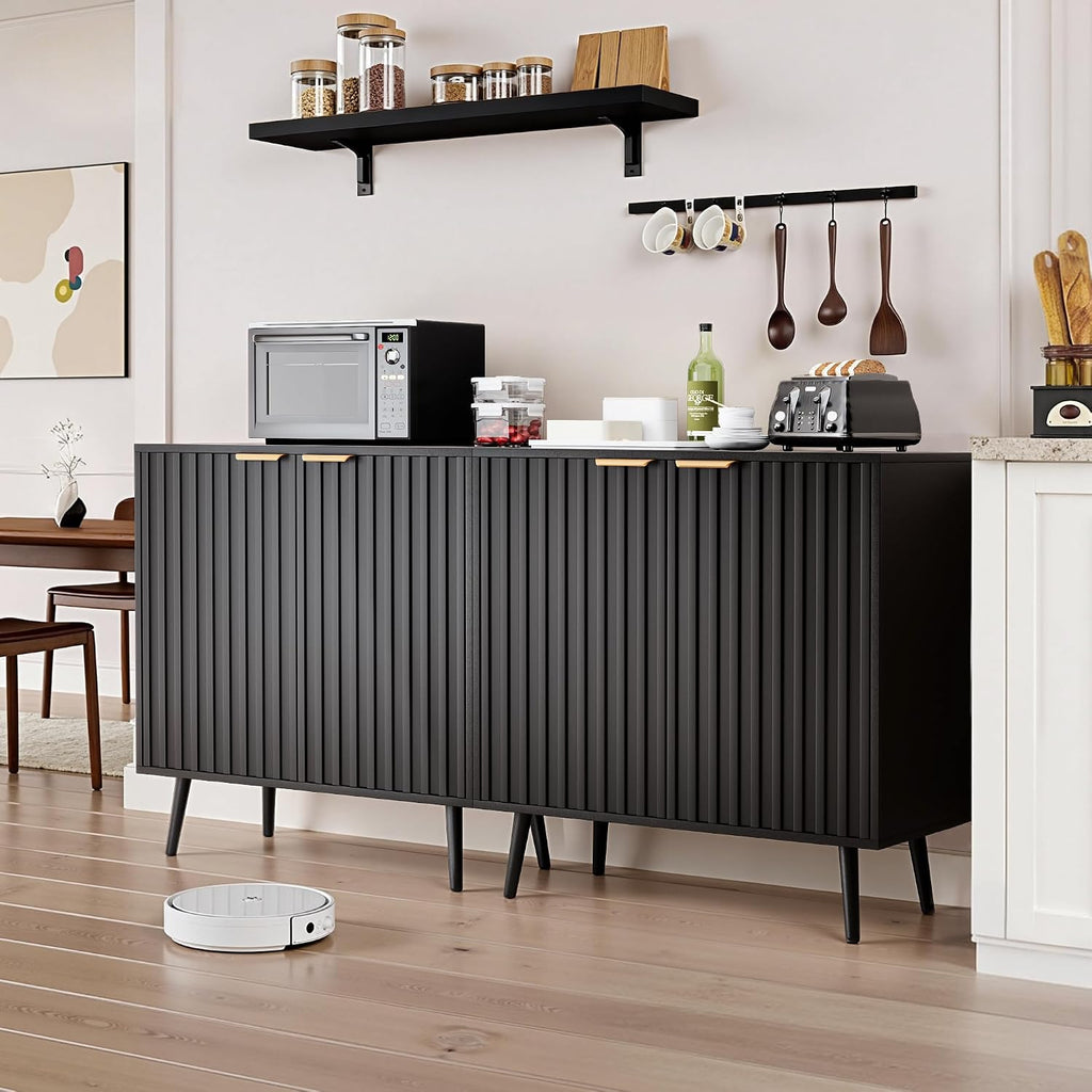 Black Fluted Buffet Cabinet, Free Standing Sideboard with Storage, Wood Accent Cabinet with Doors & Shelf, Modern