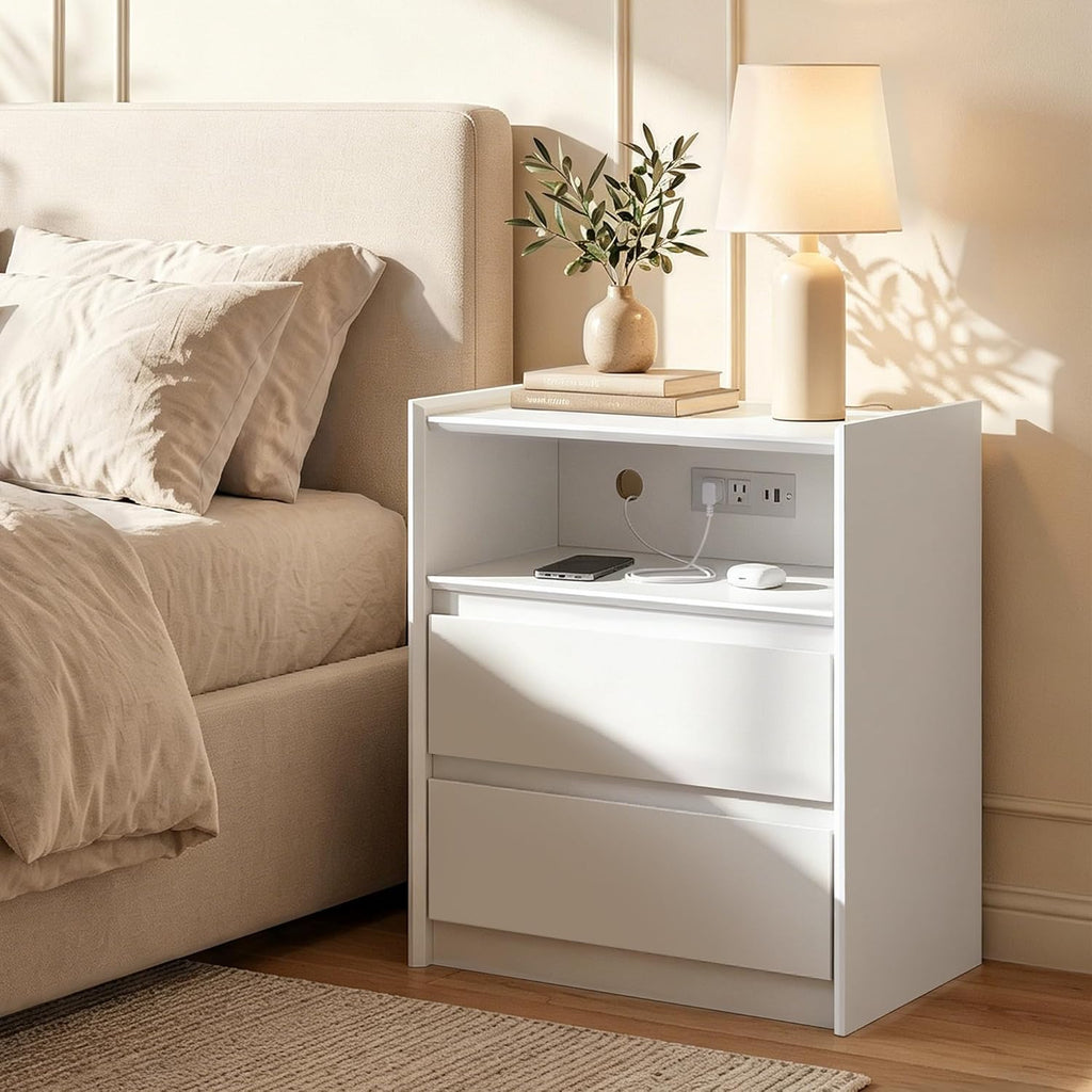 24" Tall Nightstand with Charging Station Including USB-C, Modern Bedside Table and Sofa End Table - White, 2