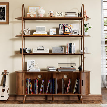 Tall Large Vinyl Record Player Stand, Fluted Long Record Storage Cabinet with Sliding Doors, Mid Century Modern