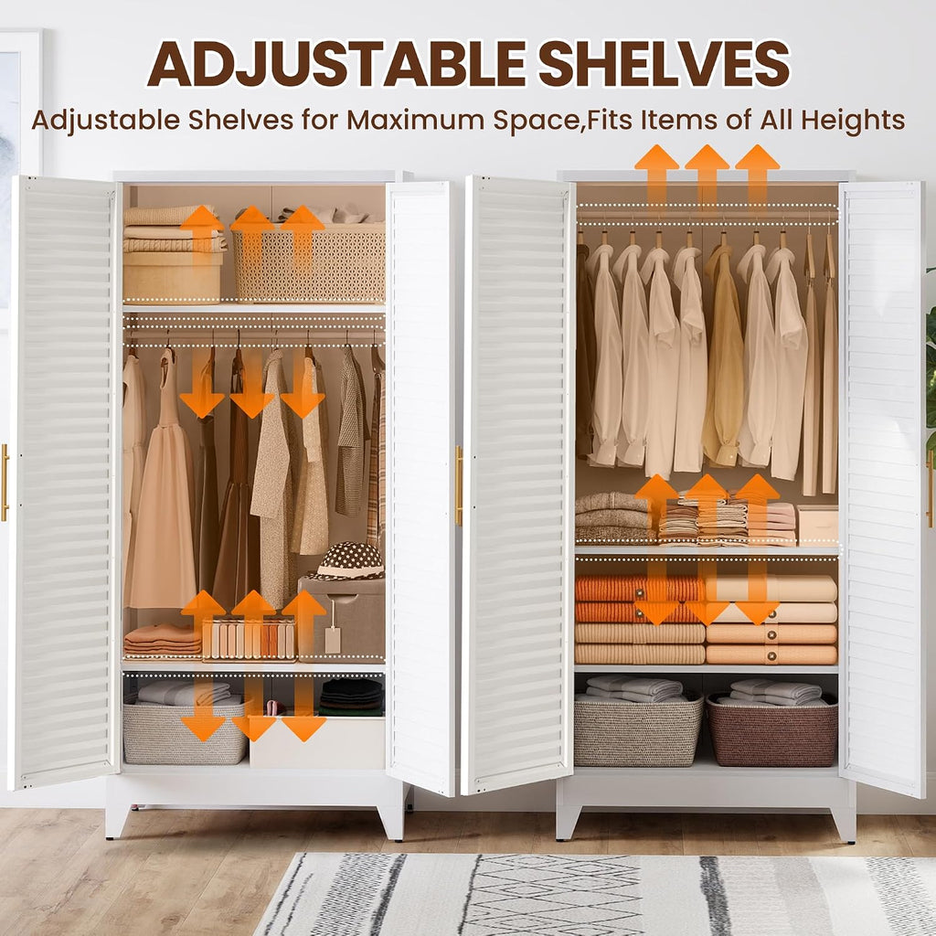 Metal Armoire Wardrobe Closet, 71" Clothing Storage Cabinets with Adjustable Hanging Rod, Louvered Doors, 2 Side