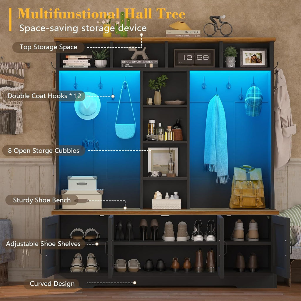 Hall Tree with Bench and Shoe Storage, Farmhouse Entryway Bench with Coat Racks and Led Lights, Black Large Hall Tree