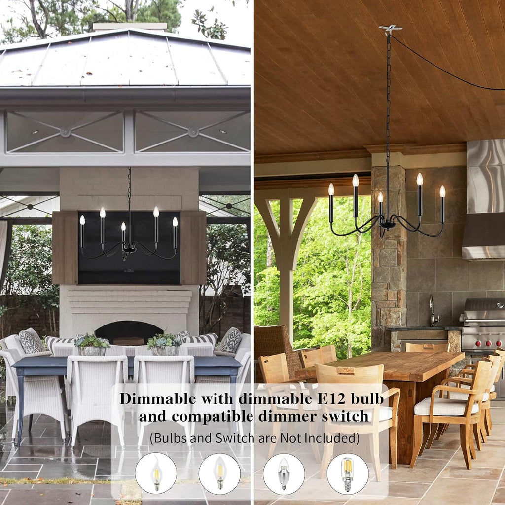 Black Plug in Chandelier Lighting with Long Cord, 5 Light Farmhouse Plug in Hanging Light Fixture for Dining Room