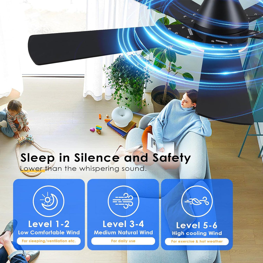 Flush Mount Ceiling Fan with Lights - 52” Indoor/Outdoor Ceiling Fan Light with Remote/APP, Low Profile Modern Fan Light with 6 Speeds, Dimming, for Living Room, Brown