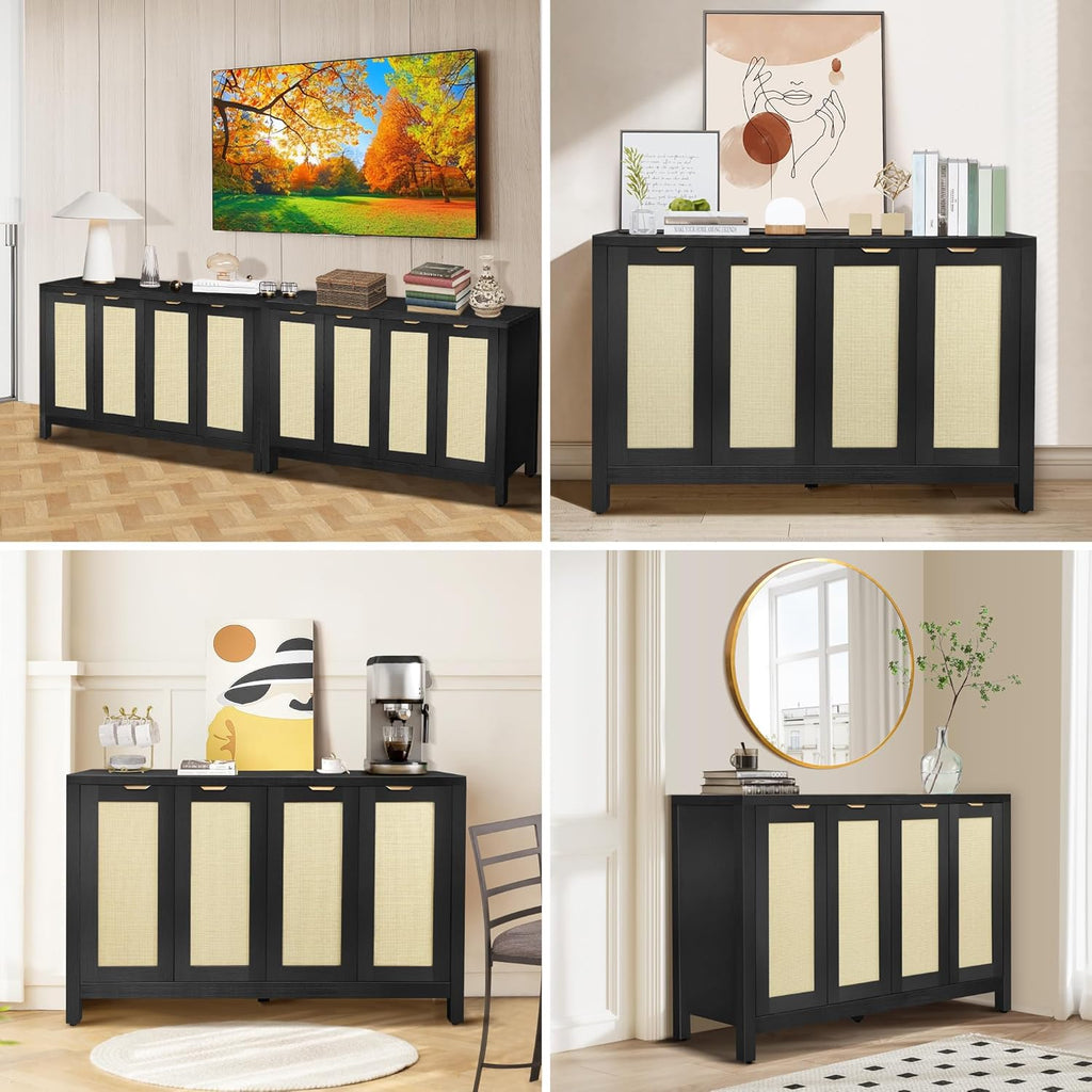 Rattan Sideboard Buffet Credenza Cabinet - Large Farmhouse Kitchen Coffee Bar Cabinet with 4 Rattan Door Storage for Entryway Living Room, 55" x 15" x 31.5" (Black)