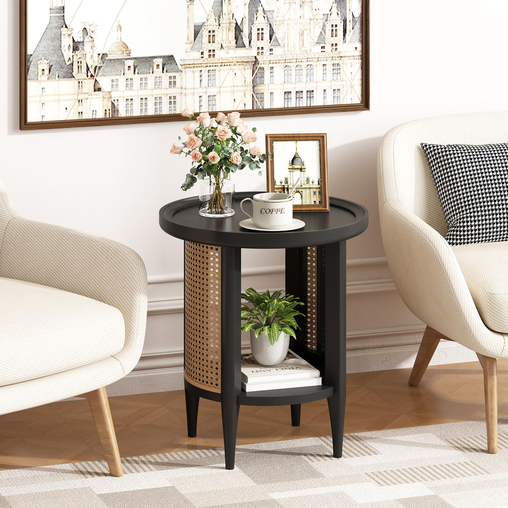 Round Rattan Style Side Table with Solid Wood Legs, Boho Style Nightstand Bedside Table with 2-Tier Shelves, Small