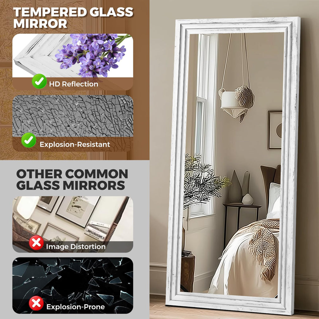 Full Length Mirror, 71 x 30 Inch Solid Wood Floor Mirror, White