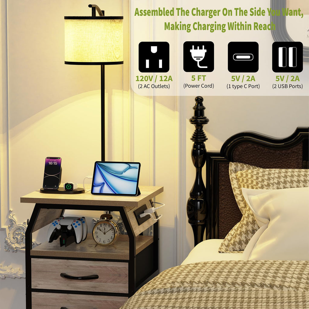 Floor Lamp with Table Set 2, End Table with Light & Charging Greige