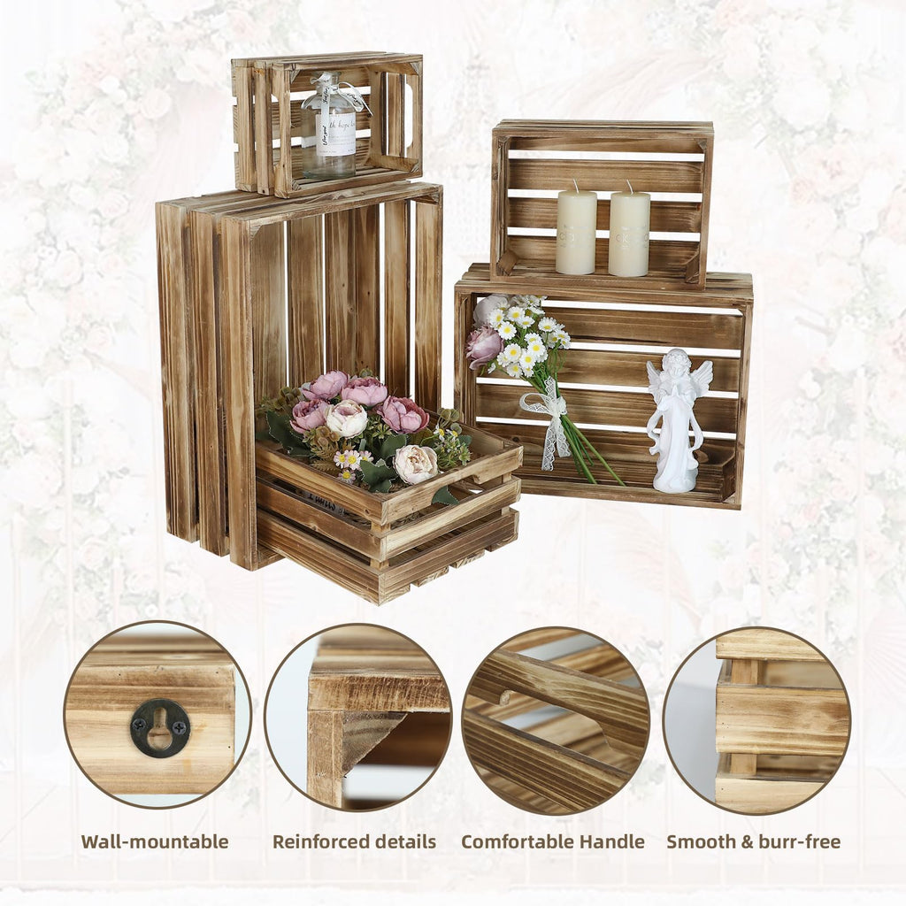 5-Piece Rustic Burnt Brown Wooden Crates Set, Wall Mountable Slatted Storage Crates with Handles, Farmhouse Wooden