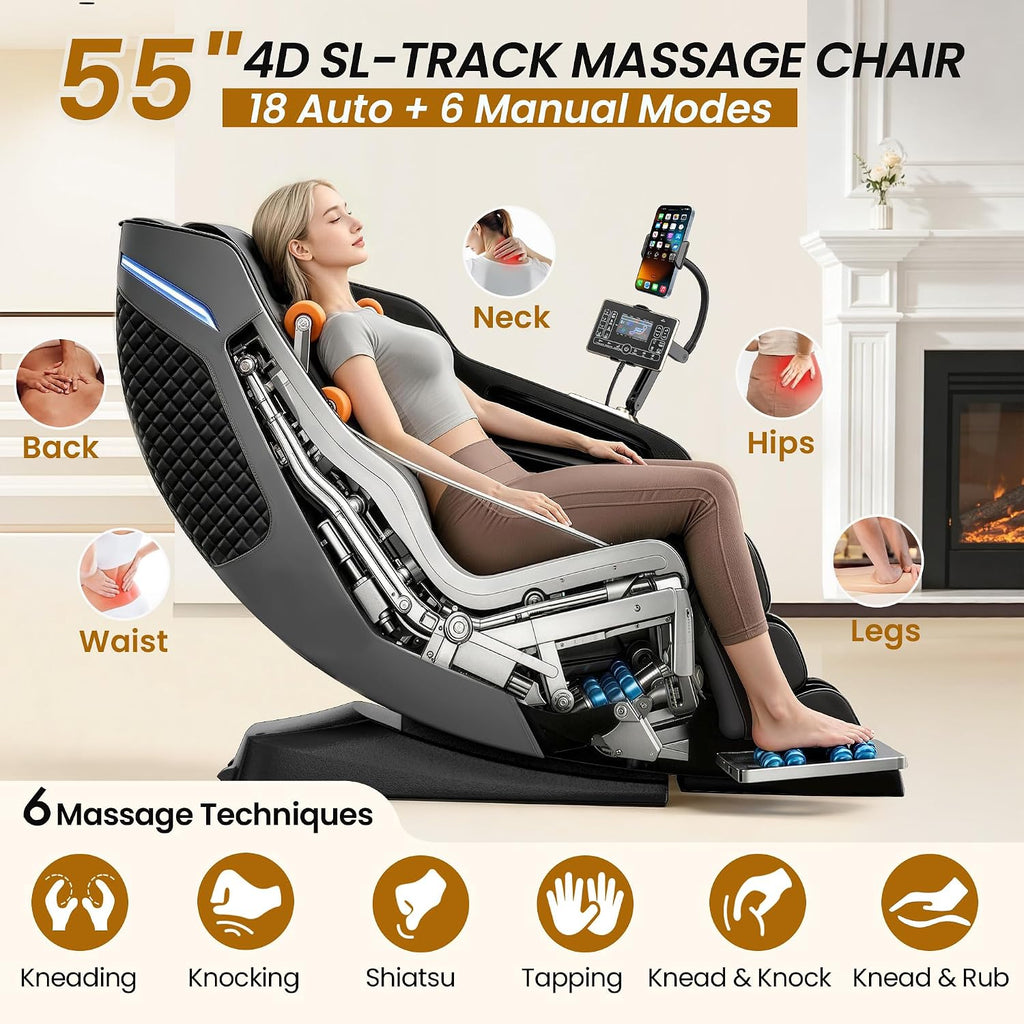 4D Massage Chair Full Body, Zero Gravity 55" SL-Track Shiatsu Massage Recliner Chair with Body Scan, APP & AI Voice