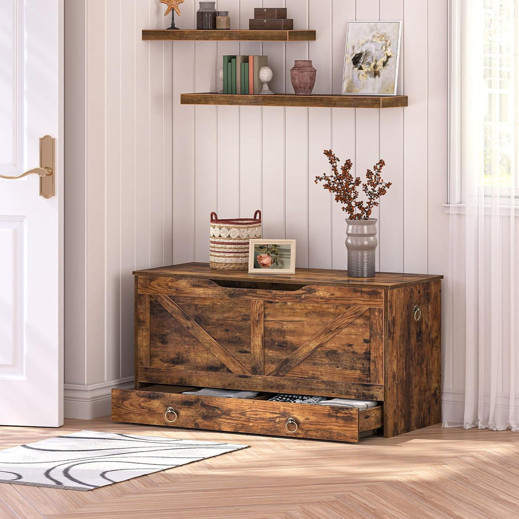 Storage Chest, 39.3" Toy Chest with Drawer, Wooden Storage Bench, Sturdy Entryway Bench Supports 220 lb, Shoe Bench