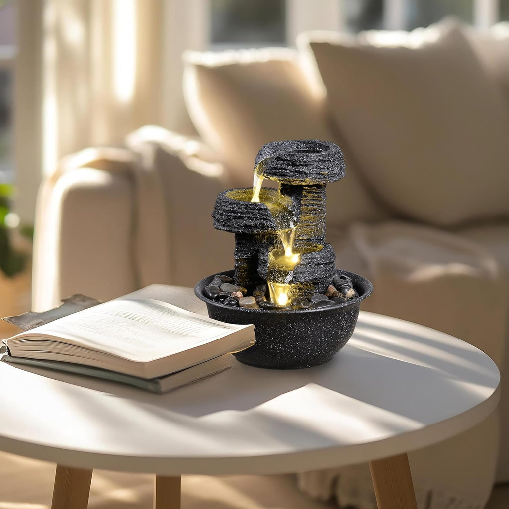 Rock Style Tabletop Fountain with LED Light - Indoor Waterfall Feature or Office Décor, Relaxing Zen Desktop Water