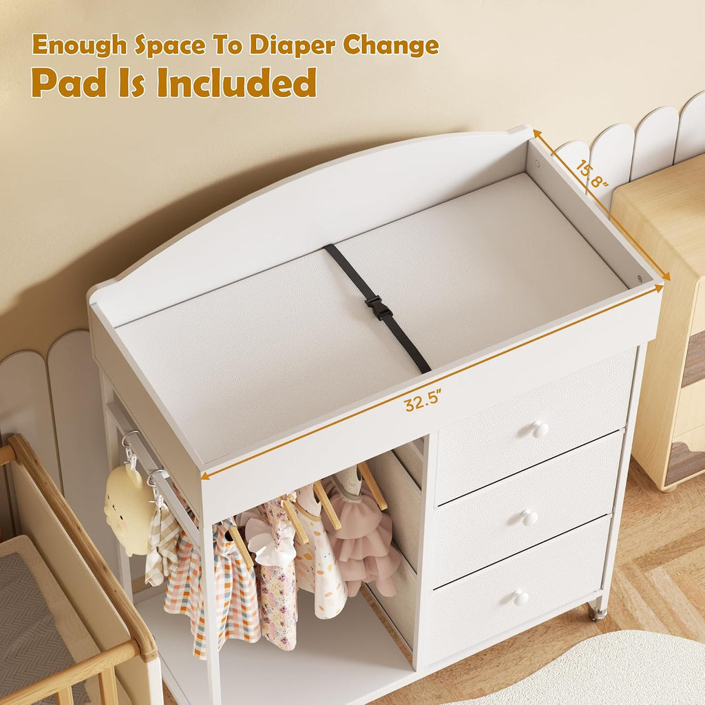 Changing Table Dresser with Clothing Rack and Storage Shelf,3-Drawer Baby Dresser with Changing Table Top,Diaper