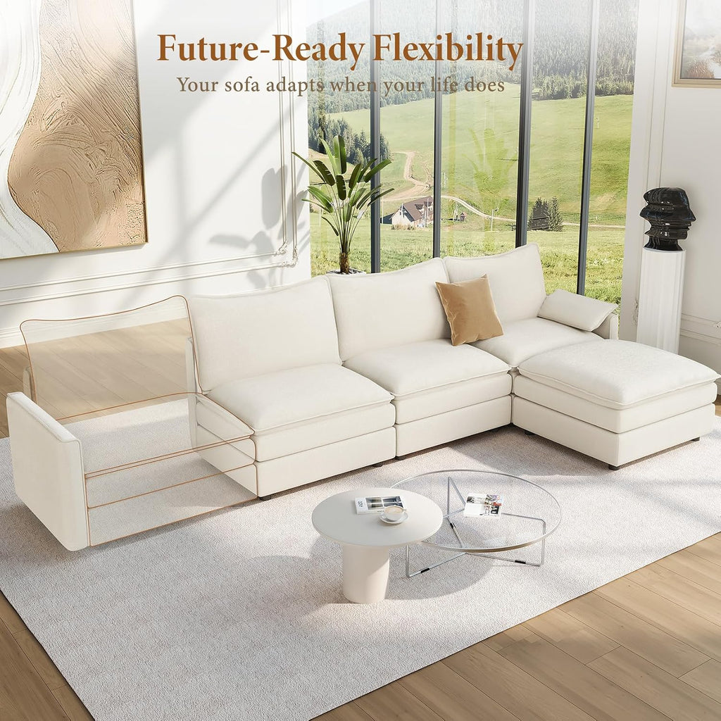 108" Modular Sectional Sofa, Comfy Cloud Couch with Movable Ottoman Deep Seat Chenille L Shaped Modular Sofa