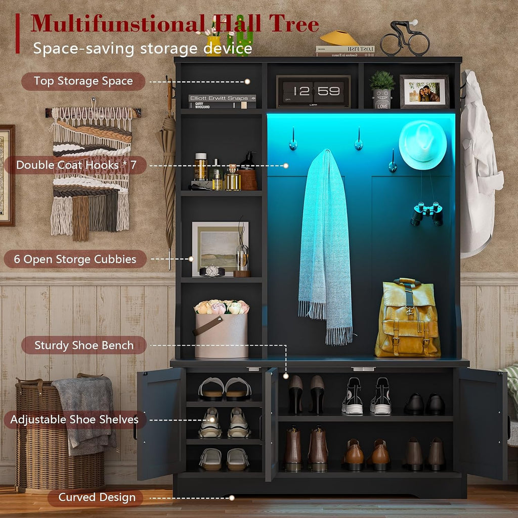 Hall Tree with Bench and Shoe Storage, Farmhouse Entryway Bench with Coat Racks and Led Lights, Black Tall Hall Tree