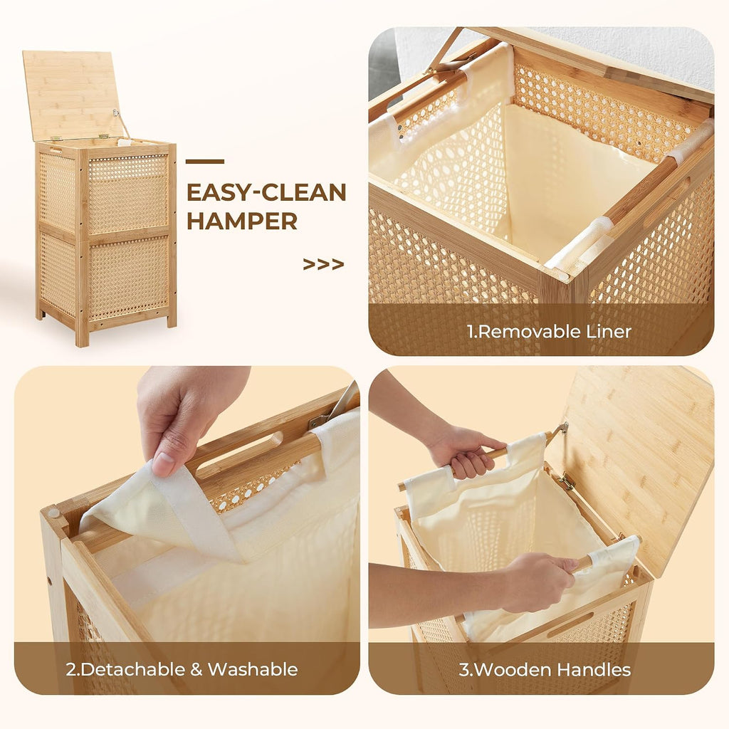 Bamboo Wicker Laundry Hamper Basket with Lid, 13 Gal/50L, Natural | Woven Wicker, Boho Bamboo Frame, Removable