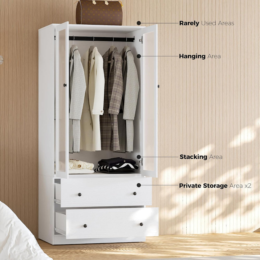 20"D Armoire Wardrobe Closet with Fluted Glass Door, 71" H Clothing Storage Cabinet with 8 Drawers, Hanging Rod, 4