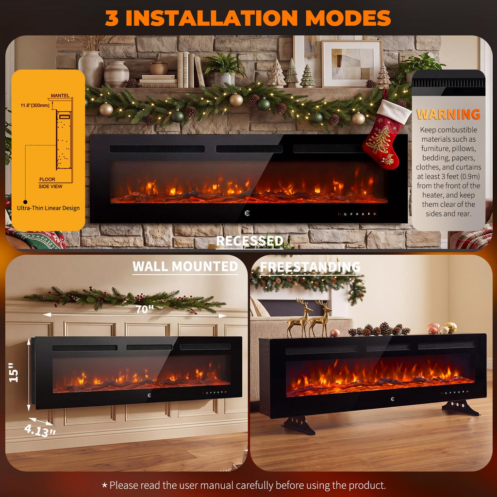 70 Inch Recessed and Wall Mounted Linear Electric Fireplace Insert