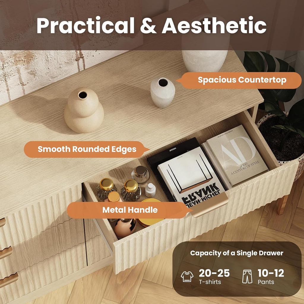 Modern Fluted 6 Drawer Dresser, Wide Wooden Storage Cabinet with Metal Handles, Silent Glide Drawers, Anti-Tip Chest