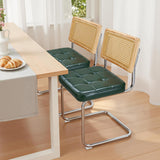 Modern Dining Chairs Set of 2, Faux Leather Upholstered Dining Room Chairs with Cane Rattan Back and Metal Legs, Boho Kitchen Chairs, Green