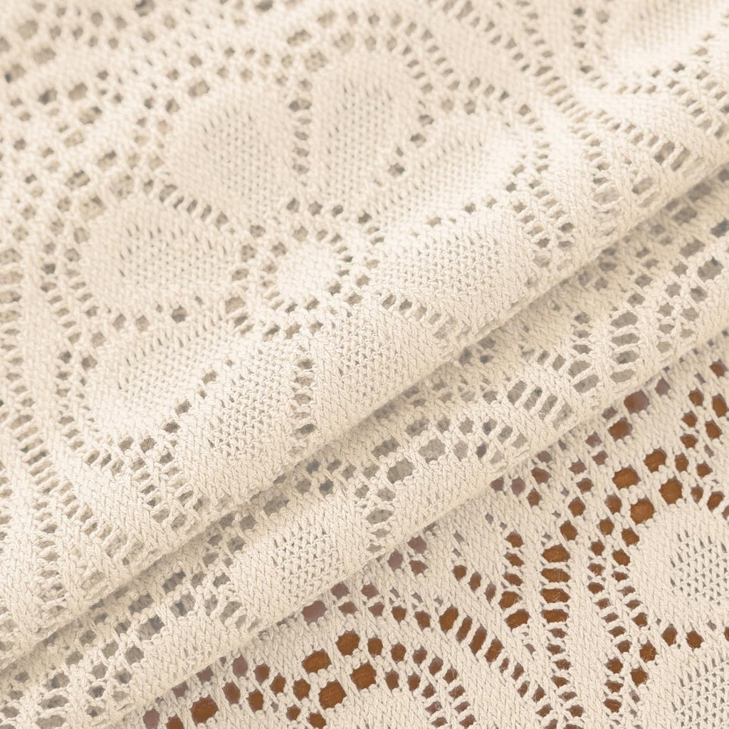 Boho Crochet Tablecloth Rectangle 60 x 84 Inch Beige Farmhouse Handmade Embroidered Cotton Lace Tabl