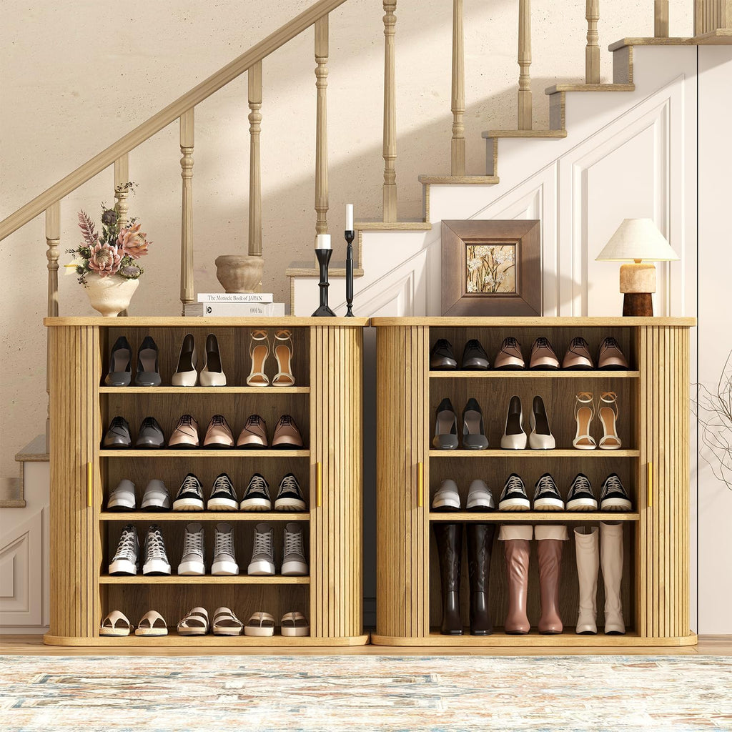 5-Tier Sliding Door Shoe Cabinet, Adjustable Shelves Wooden Shoe Storage with Gold Handle, Mid-Century Modern