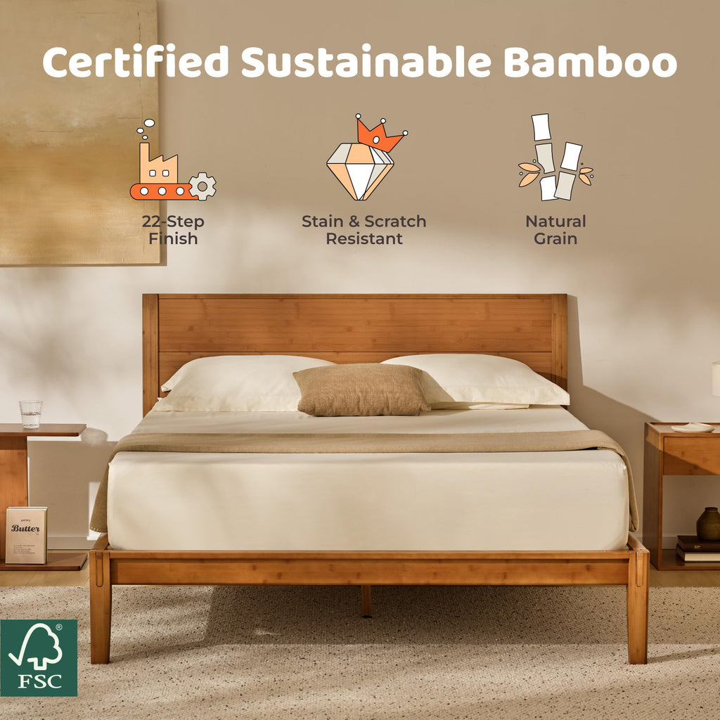 Japanese Joinery Queen Solid Bamboo Bed Frame with Tall Headboard