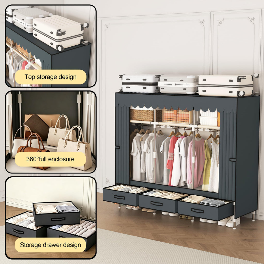Portable Closet Wardrobe with 3 Storage compartments,3 Hanging Rods and 3 Drawers itory.
